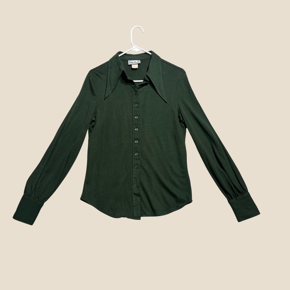 Vintage 70s Bobbie Brooks Dagger Collar Shirt Green Union Made Juniors Size 15